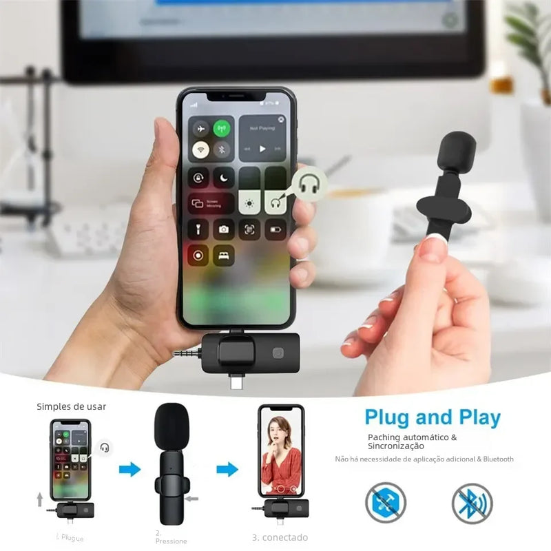 Microfone lapela sem fio para iPhone e Android